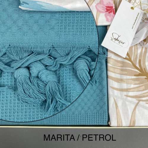 Летнее постельное белье с покрывалом-одеялом пике Saheser MARITA хлопковый ранфорс петрол евро, фото, фотография