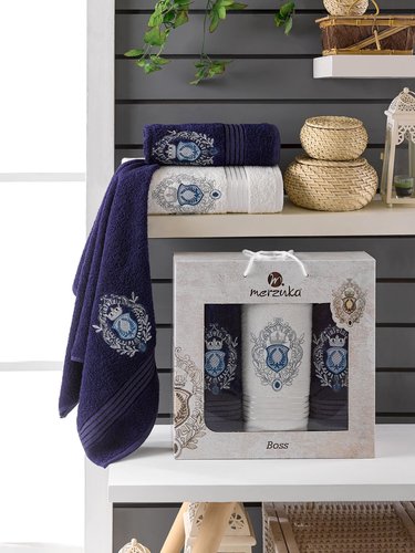 Подарочный набор полотенец для ванной 50х80(2), 70х130(1) Merzuka BOSS хлопковая махра синий, фото, фотография