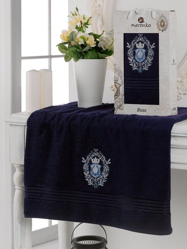 Полотенце для ванной в подарочной упаковке Merzuka BOSS хлопковая махра синий 70х130, фото, фотография
