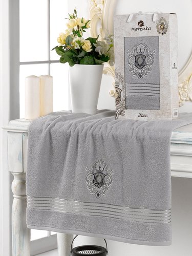 Полотенце для ванной в подарочной упаковке Merzuka BOSS хлопковая махра серый 50х80, фото, фотография
