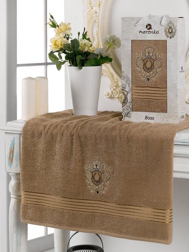 Полотенце для ванной в подарочной упаковке Merzuka BOSS хлопковая махра коричневый 70х130, фото, фотография