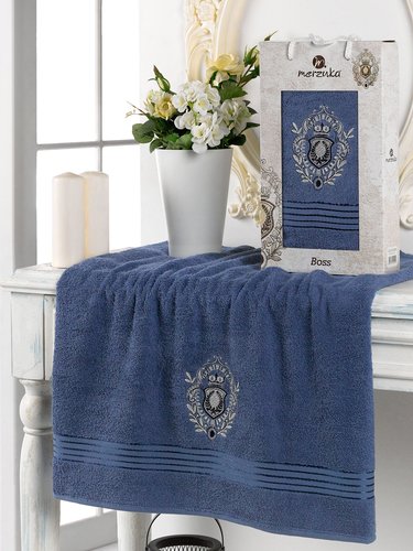 Полотенце для ванной в подарочной упаковке Merzuka BOSS хлопковая махра темно-голубой 70х130, фото, фотография