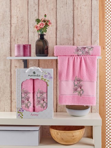 Подарочный набор полотенец для ванной 50х90, 70х140 Merzuka AVONE хлопковая махра розовый, фото, фотография
