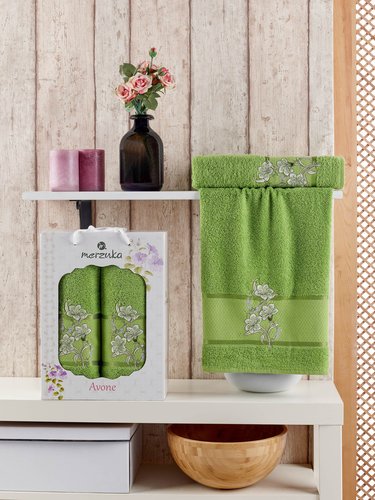 Подарочный набор полотенец для ванной 50х90, 70х140 Merzuka AVONE хлопковая махра зеленый, фото, фотография