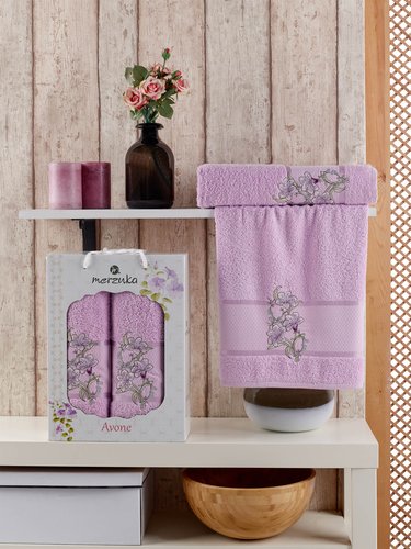 Подарочный набор полотенец для ванной 50х90, 70х140 Merzuka AVONE хлопковая махра сиреневый, фото, фотография