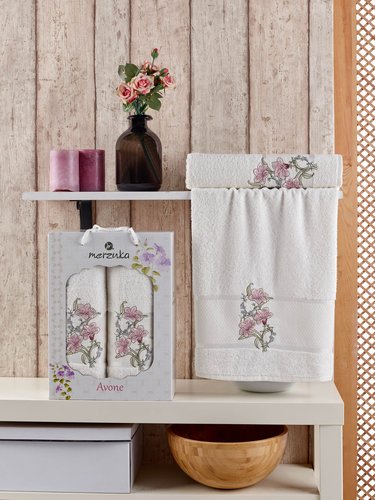 Подарочный набор полотенец для ванной 50х90, 70х140 Merzuka AVONE хлопковая махра кремовый, фото, фотография