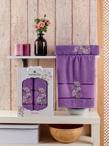 Подарочный набор полотенец для ванной 50х90, 70х140 Merzuka AVONE хлопковая махра фиолетовый, фото, фотография