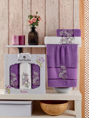 Подарочный набор полотенец для ванной 50х90(2), 70х140(1) Merzuka AVONE хлопковая махра фиолетовый, фото, фотография
