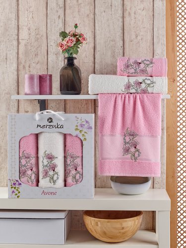 Подарочный набор полотенец для ванной 50х90(2), 70х140(1) Merzuka AVONE хлопковая махра розовый, фото, фотография