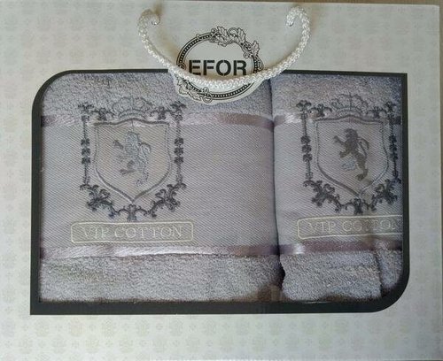 Подарочный набор полотенец для ванной 50х90, 70х140 Efor хлопковая махра герб v5 светло-серый, фото, фотография