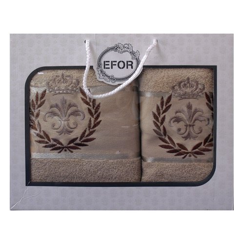 Подарочный набор полотенец для ванной 50х90, 70х140 Efor хлопковая махра герб v6 бежевый, фото, фотография