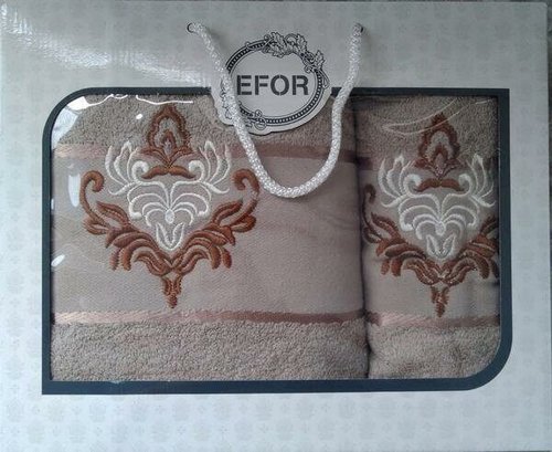 Подарочный набор полотенец для ванной 50х90, 70х140 Efor хлопковая махра герб v7 бежевый, фото, фотография