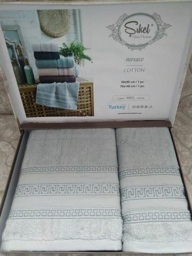 Подарочный набор полотенец для ванной 50х90, 70х140 Sikel VERSACE хлопковая махрасветло-серый, фото, фотография