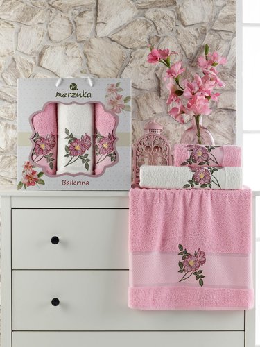 Подарочный набор полотенец для ванной 50х90(2), 70х140(1) Merzuka BALLERINA хлопковая махра розовый, фото, фотография