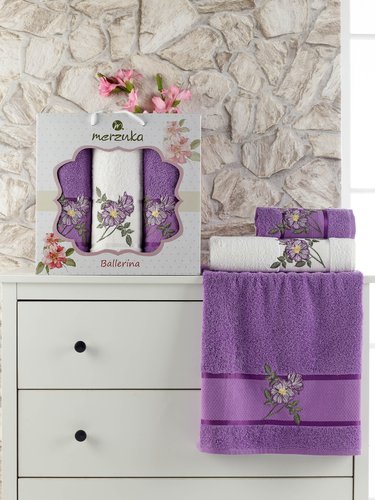 Подарочный набор полотенец для ванной 50х90(2), 70х140(1) Merzuka BALLERINA хлопковая махра фиолетовый, фото, фотография