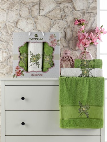 Подарочный набор полотенец для ванной 50х90(2), 70х140(1) Merzuka BALLERINA хлопковая махра зеленый, фото, фотография