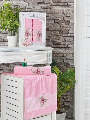Подарочный набор полотенец для ванной 50х90, 70х140 Merzuka BLOOM хлопковая махра розовый, фото, фотография