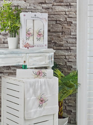 Подарочный набор полотенец для ванной 50х90, 70х140 Merzuka BLOOM хлопковая махра кремовый, фото, фотография