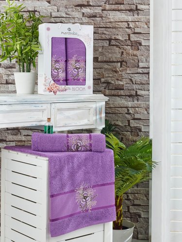 Подарочный набор полотенец для ванной 50х90, 70х140 Merzuka BLOOM хлопковая махра фиолетовый, фото, фотография