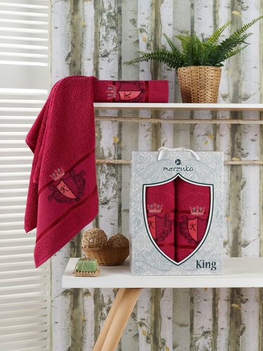 Подарочный набор полотенец для ванной 50х90, 70х140 Merzuka KING хлопковая махра бордовый, фото, фотография