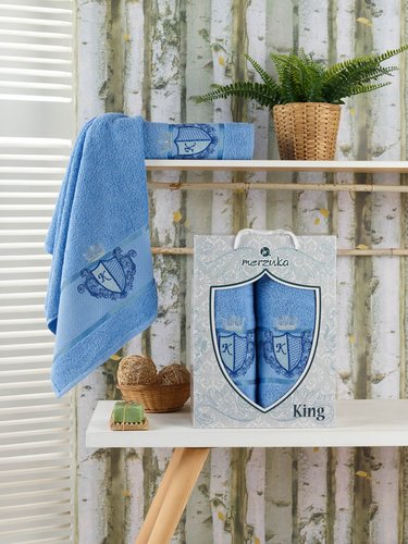 Подарочный набор полотенец для ванной 50х90, 70х140 Merzuka KING хлопковая махра голубой, фото, фотография