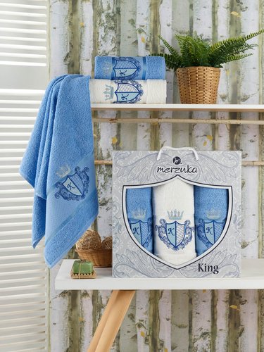 Подарочный набор полотенец для ванной 50х90(2), 70х140(1) Merzuka KING хлопковая махра голубой, фото, фотография