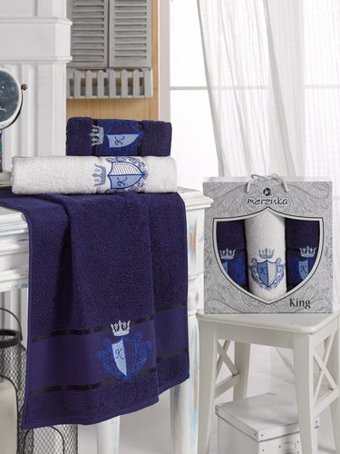 Подарочный набор полотенец для ванной 50х90(2), 70х140(1) Merzuka KING хлопковая махра синий, фото, фотография
