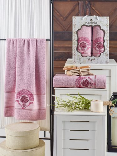 Подарочный набор полотенец для ванной 50х90, 70х140 Merzuka ART хлопковая махра светло-розовый, фото, фотография