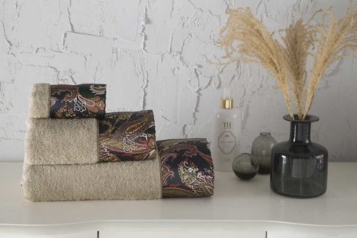 Подарочный набор полотенец для ванной 3 пр. + спрей Tivolyo Home VERSALITE хлопковая махра бежевый, фото, фотография