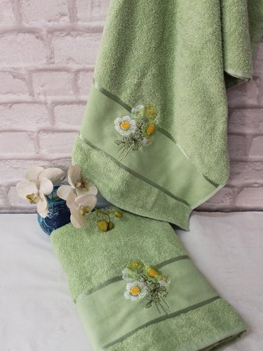 Подарочный набор полотенец для ванной 50х90, 70х140 Efor Лютик хлопковая махра зеленый, фото, фотография