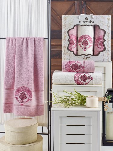 Подарочный набор полотенец для ванной 50х90(2), 70х140(1) Merzuka ART хлопковая махра светло-розовый, фото, фотография