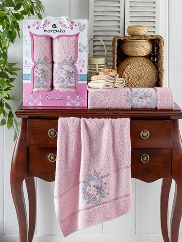 Подарочный набор полотенец для ванной 50х90, 70х140 Merzuka BRENTIS хлопковая махра светло-розовый, фото, фотография