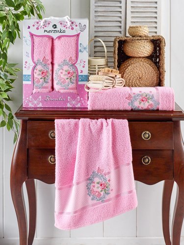 Подарочный набор полотенец для ванной 50х90, 70х140 Merzuka BRENTIS хлопковая махра розовый, фото, фотография