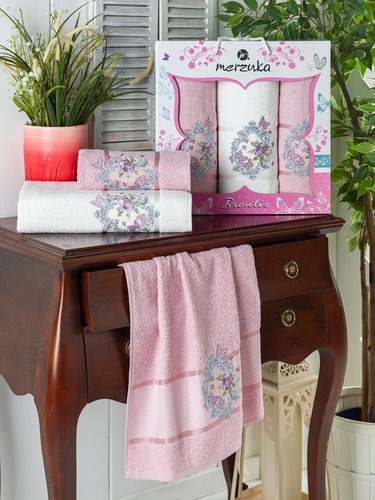 Подарочный набор полотенец для ванной 50х90(2), 70х140(1) Merzuka BRENTIS хлопковая махра светло-розовый, фото, фотография