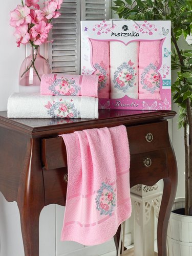 Подарочный набор полотенец для ванной 50х90(2), 70х140(1) Merzuka BRENTIS хлопковая махра розовый, фото, фотография