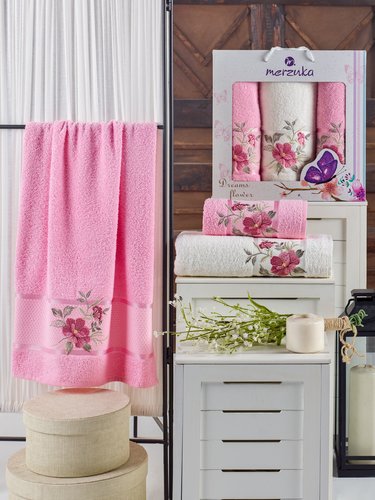 Подарочный набор полотенец для ванной 50х90(2), 70х140(1) Merzuka DREAMS FLOWER хлопковая махра розовый, фото, фотография