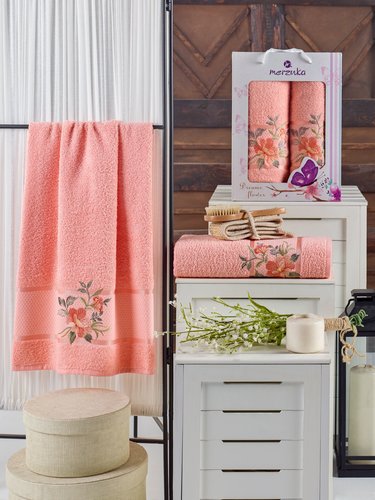 Подарочный набор полотенец для ванной 50х90, 70х140 Merzuka DREAMS FLOWER хлопковая махра оранжевый, фото, фотография