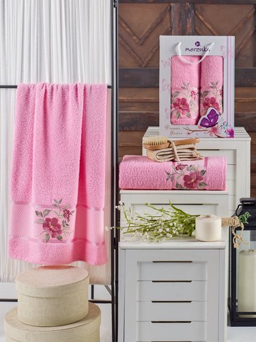 Подарочный набор полотенец для ванной 50х90, 70х140 Merzuka DREAMS FLOWER хлопковая махра розовый, фото, фотография