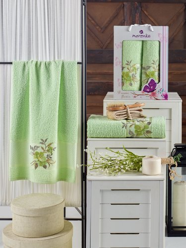 Подарочный набор полотенец для ванной 50х90, 70х140 Merzuka DREAMS FLOWER хлопковая махра фисташковый, фото, фотография