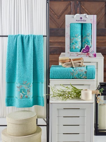 Подарочный набор полотенец для ванной 50х90, 70х140 Merzuka DREAMS FLOWER хлопковая махра бирюзовый, фото, фотография