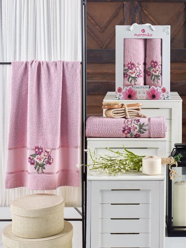 Подарочный набор полотенец для ванной 50х90, 70х140 Merzuka EMOTION хлопковая махра светло-розовый, фото, фотография