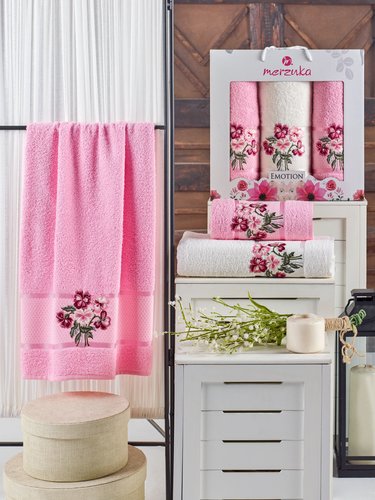 Подарочный набор полотенец для ванной 50х90(2), 70х140(1) Merzuka EMOTION хлопковая махра розовый, фото, фотография