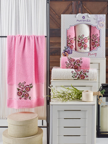 Подарочный набор полотенец для ванной 50х90(2), 70х140(1) Merzuka PANSY хлопковая махра розовый, фото, фотография