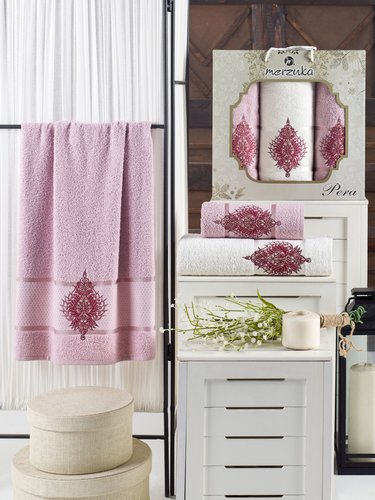 Подарочный набор полотенец для ванной 50х90(2), 70х140(1) Merzuka PERA хлопковая махра светло-розовый, фото, фотография