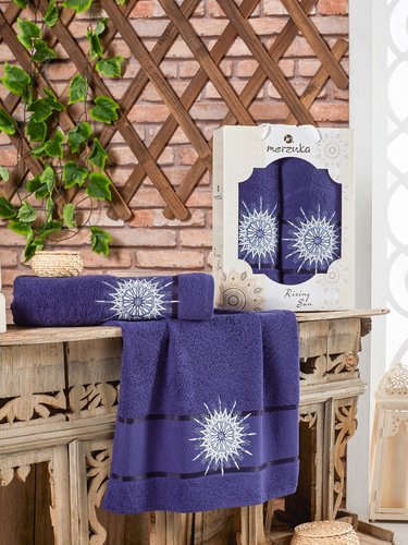 Подарочный набор полотенец для ванной 50х90, 70х140 Merzuka RISING SUN хлопковая махра синий, фото, фотография