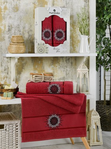 Подарочный набор полотенец для ванной 50х90, 70х140 Merzuka RISING SUN хлопковая махра бордовый, фото, фотография
