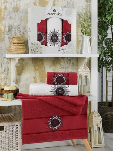Подарочный набор полотенец для ванной 50х90(2), 70х140(1) Merzuka RISING SUN хлопковая махра бордовый, фото, фотография