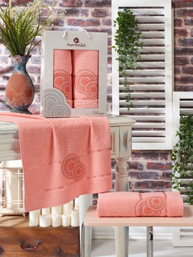 Подарочный набор полотенец для ванной 50х90, 70х140 Merzuka RINGS хлопковая махра персиковый, фото, фотография
