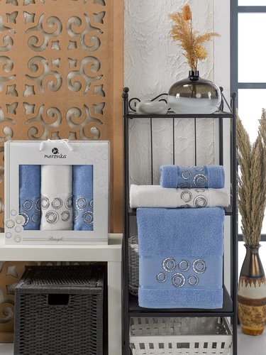 Подарочный набор полотенец для ванной 50х90(2), 70х140(1) Merzuka BANGLE хлопковая махра голубой, фото, фотография
