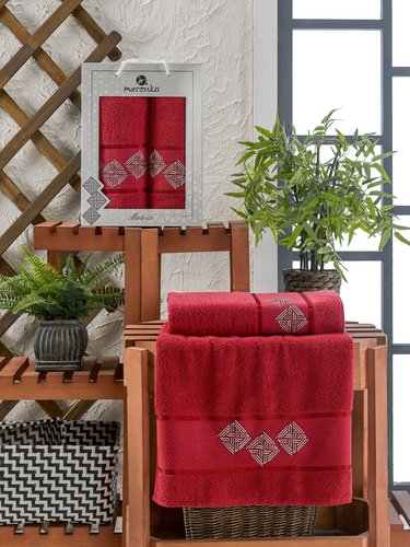 Подарочный набор полотенец для ванной 50х90, 70х140 Merzuka MATRIX хлопковая махра бордовый, фото, фотография